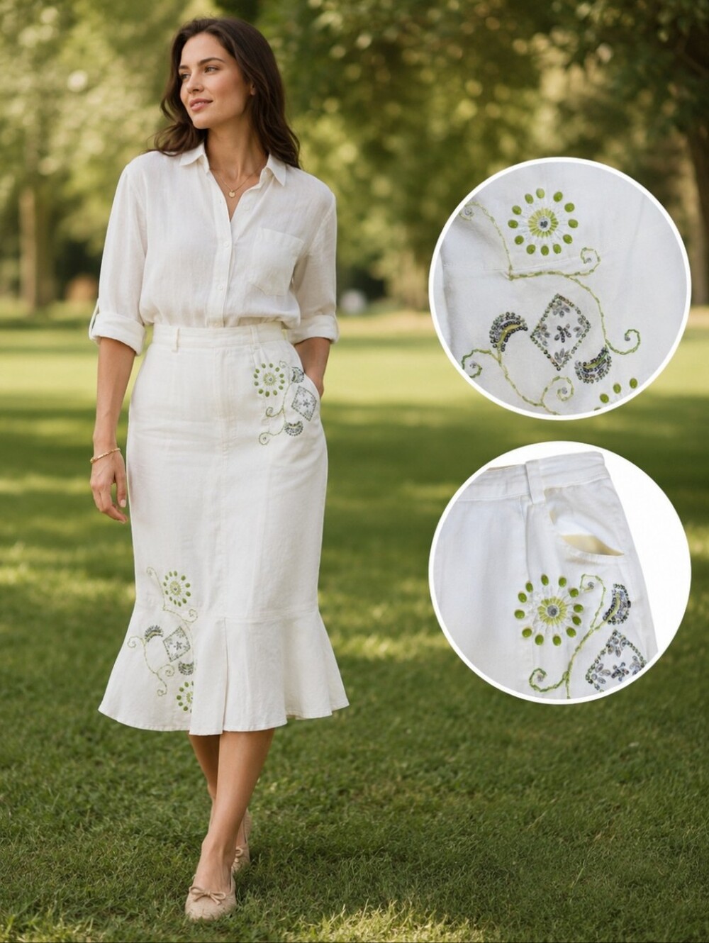Ashro White Midi skirt Tulip Flounce Hem Embroidery Beaded artisan Boho Sz 14